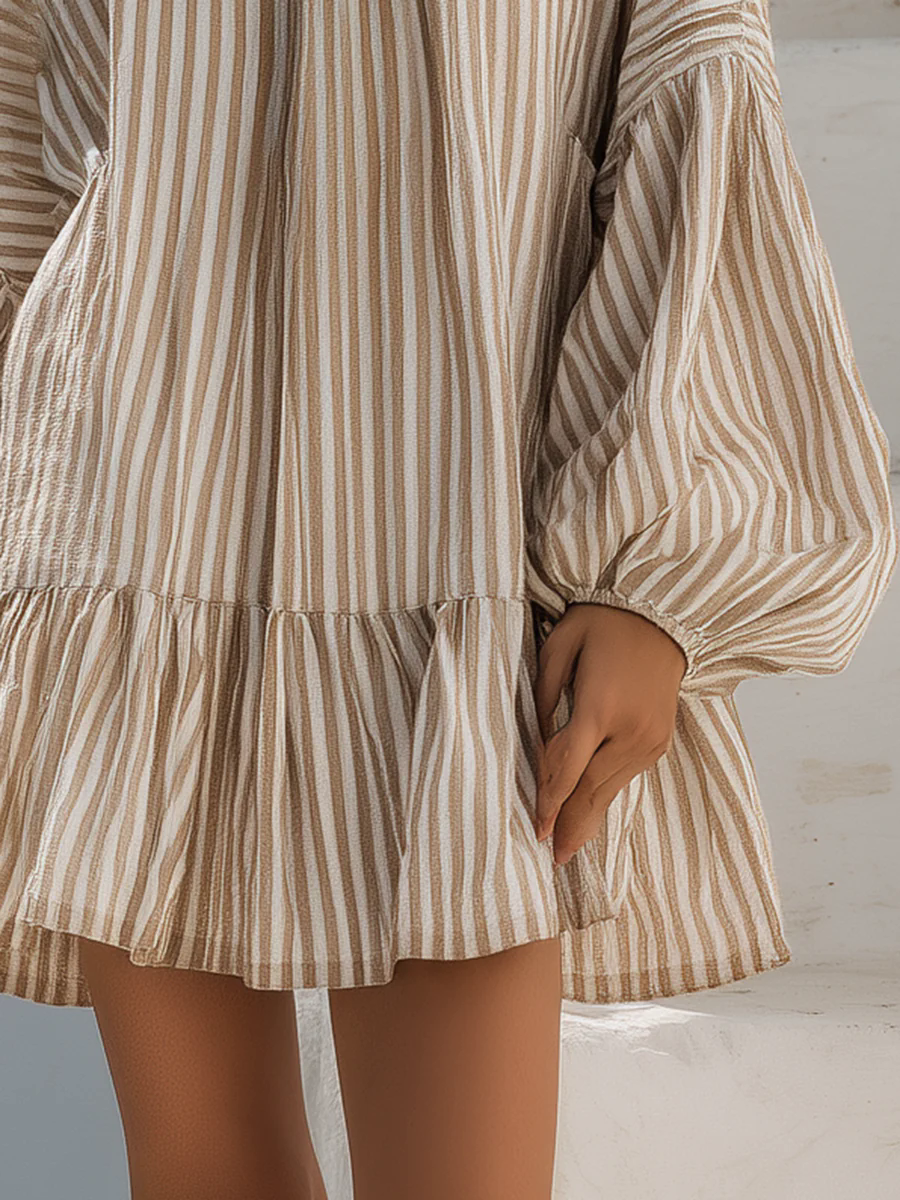 Casual Loose Vacation V-Neck Lantern Sleeve Vertical Striped Mini Dress Casual Loose Vacation V-Neck Lantern Sleeve Vertical Striped Mini Dress
