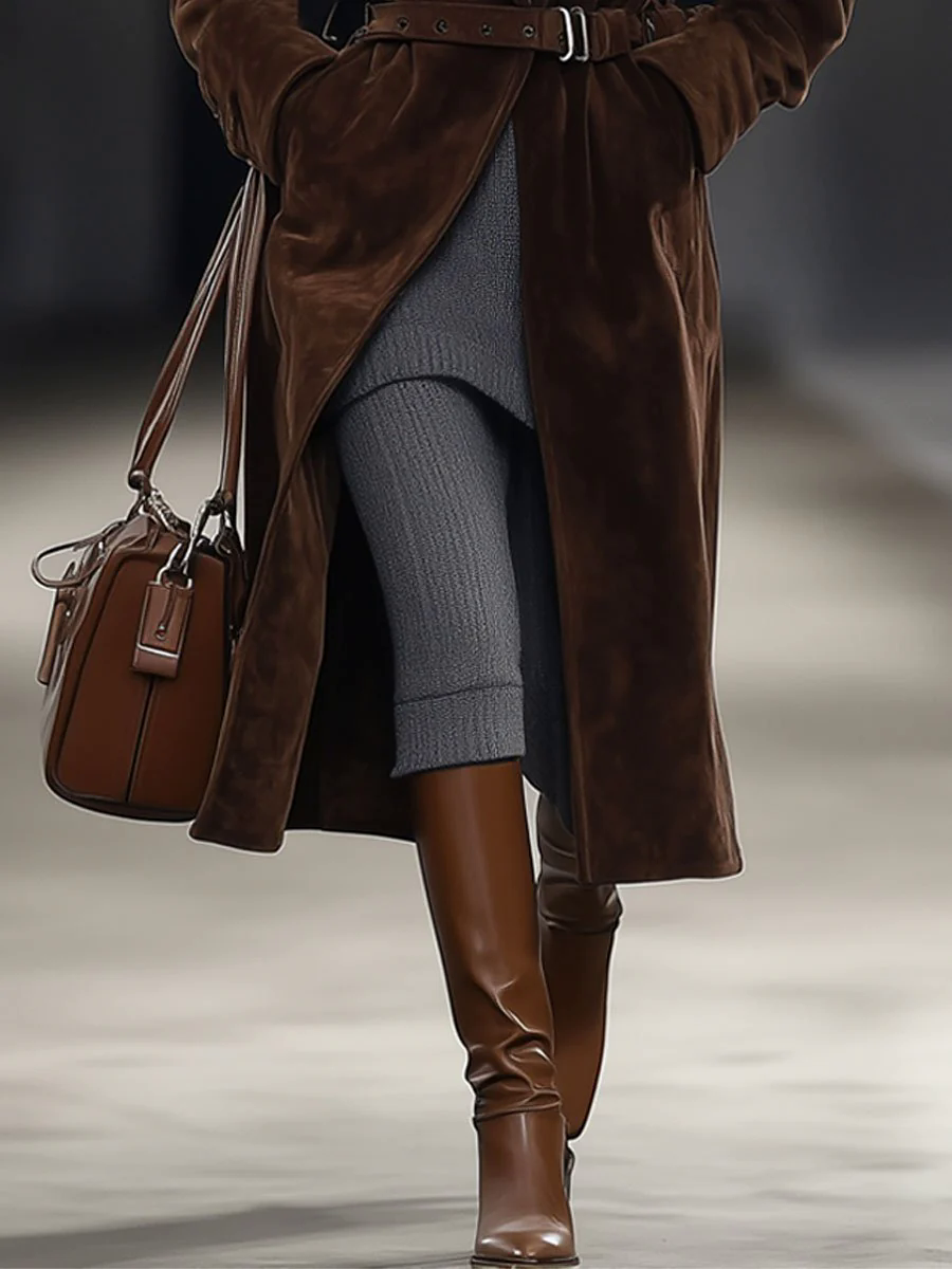 Casual Loose Retro Solid Chocolate Color Belted Suede Mid-Length Coat
