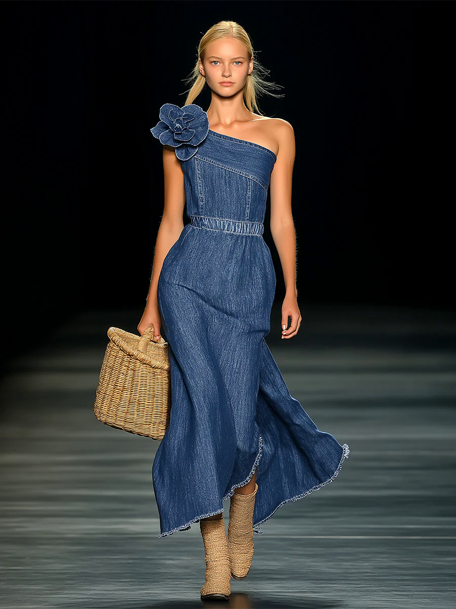 Elegant Strapless Denim 3D Floral Maxi Dress