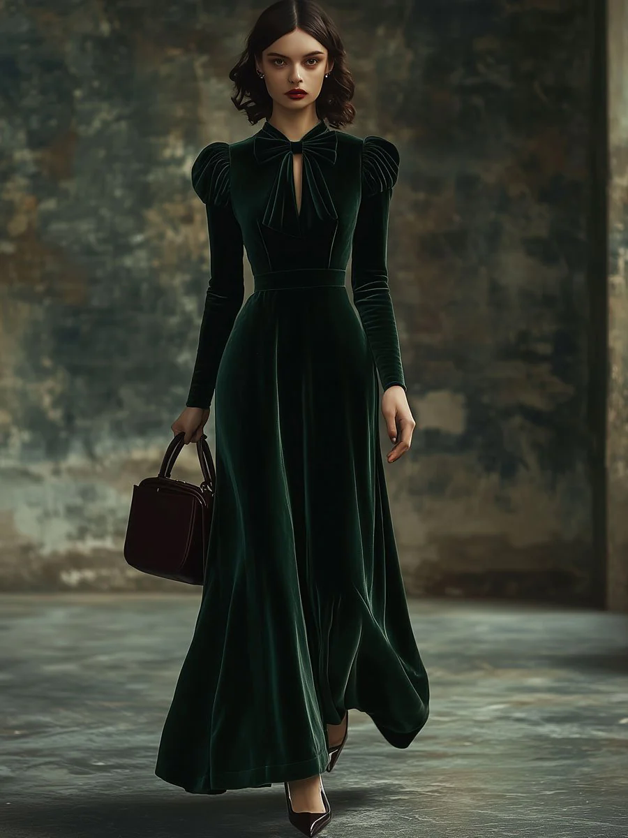 Fashion Party Solid Color Velvet Stand Collar Bowknot Long Sleeve Maxi Dress