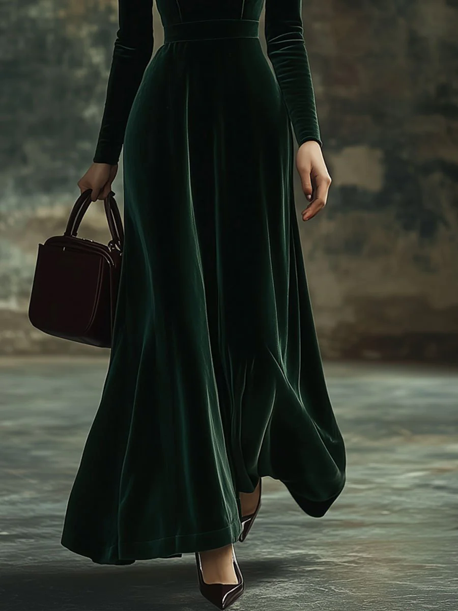 Fashion Party Solid Color Velvet Stand Collar Bowknot Long Sleeve Maxi Dress