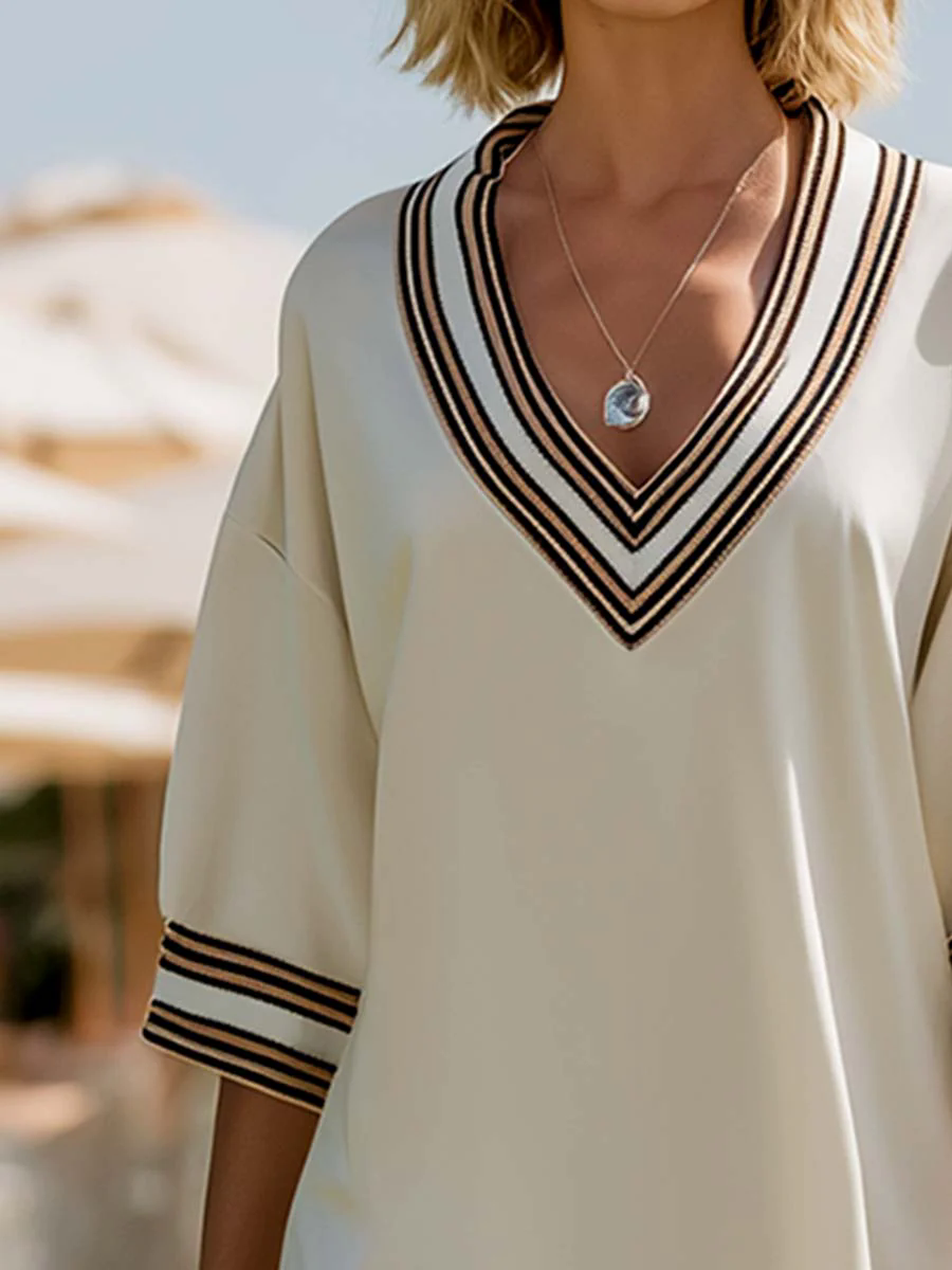 Casual Everyday Ivory Beige Stripe Trim Mid Sleeve Everyday Mini Dress Casual Everyday Ivory Beige Stripe Trim Mid Sleeve Everyday Mini Dress