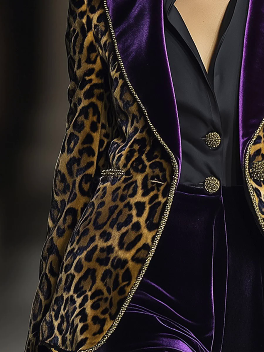 Casual Vintage Velvet Leopard Print Contrast Lapel Blazer
