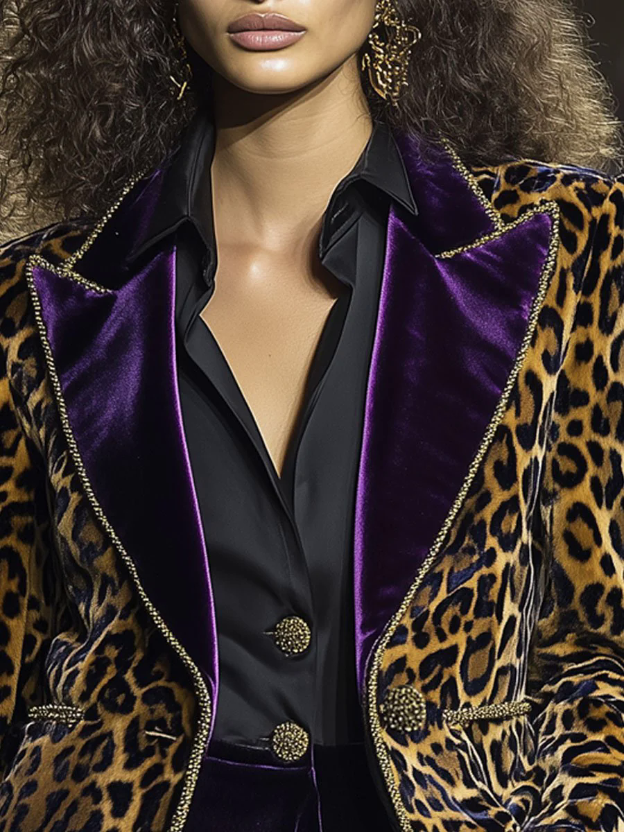 Casual Vintage Velvet Leopard Print Contrast Lapel Blazer