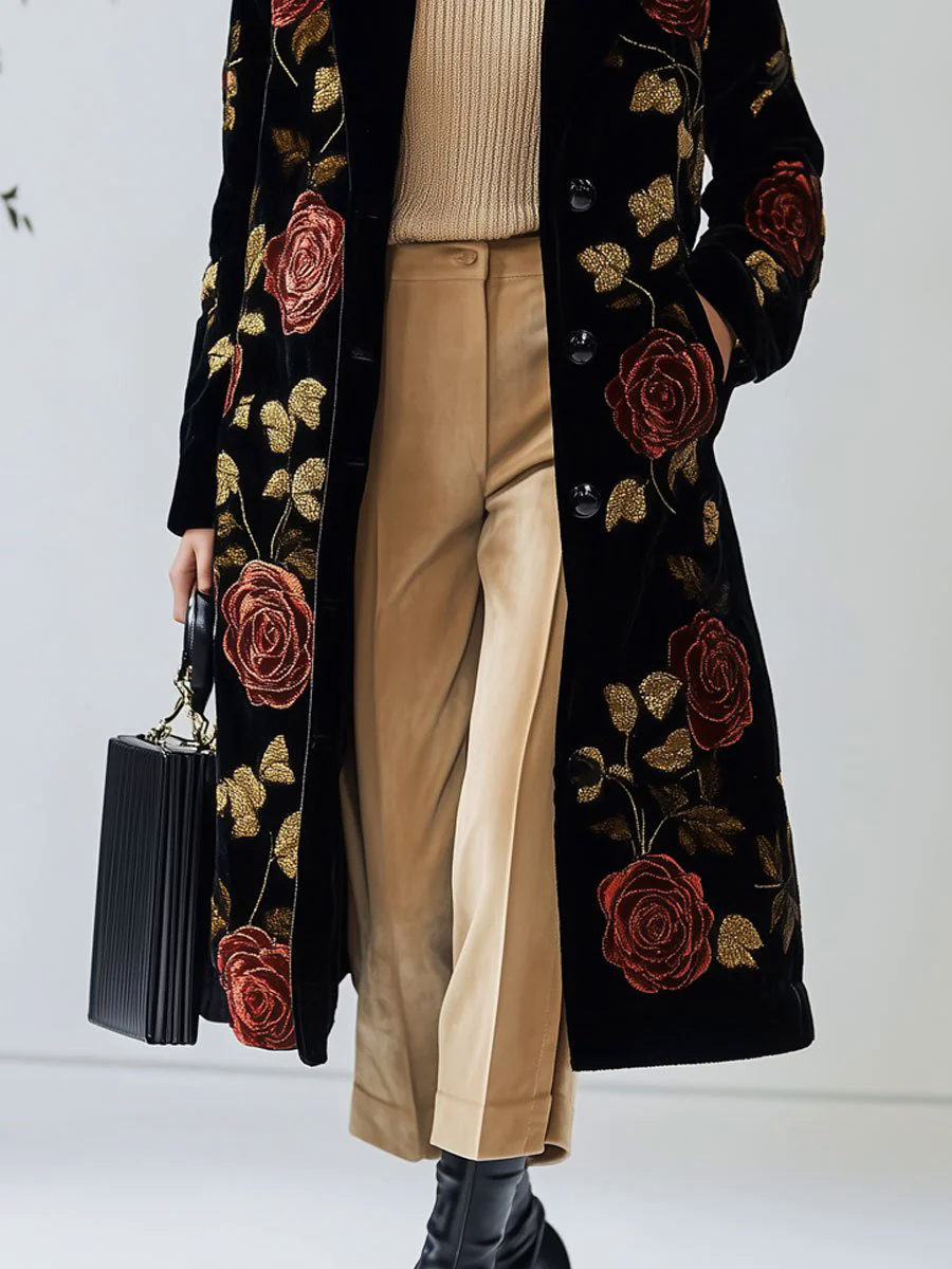 Casual Loose Vintage Velvet Rose Print Pocket Long Coat Casual Loose Vintage Velvet Rose Print Pocket Long Coat