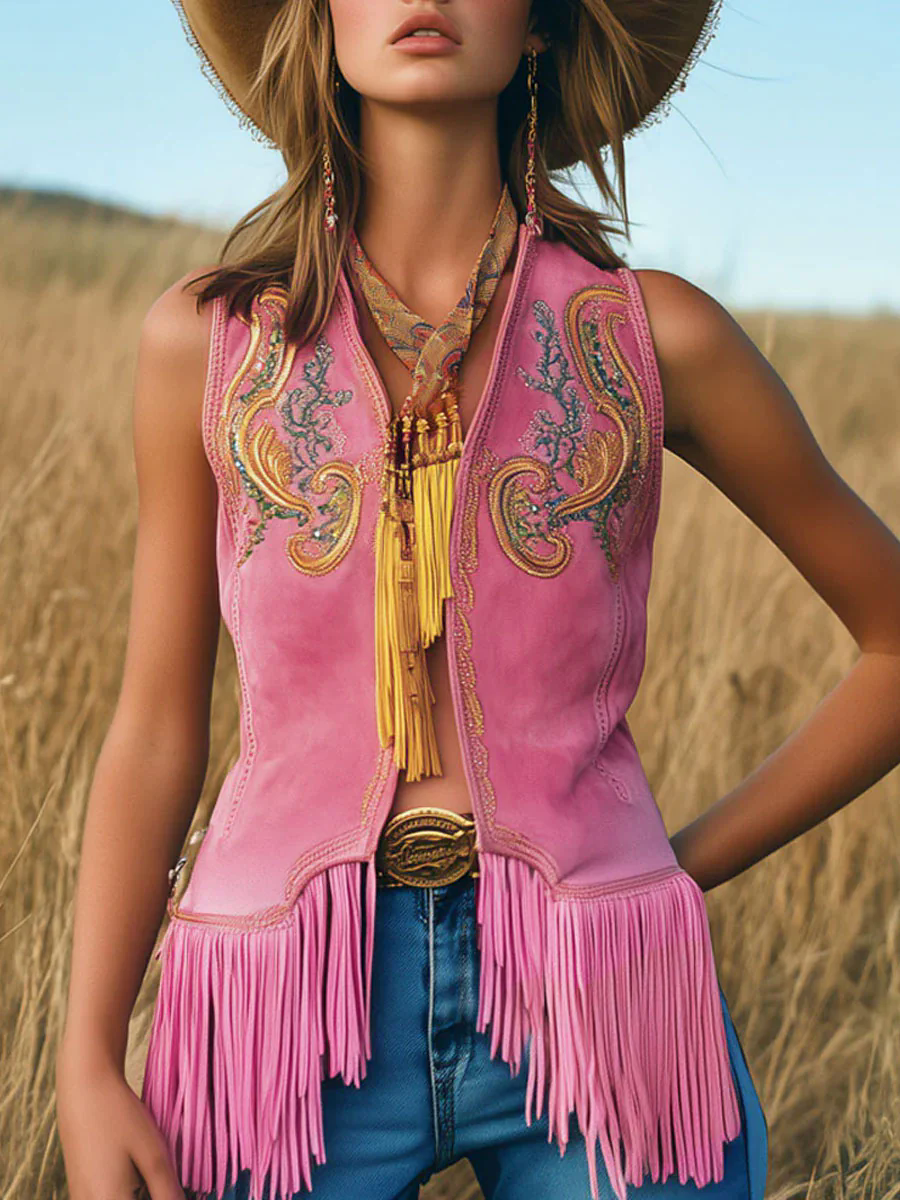 Casual Loose Vintage Gold Embroidery Pink Suede Tassel Vest Casual Loose Vintage Gold Embroidery Pink Suede Tassel Vest