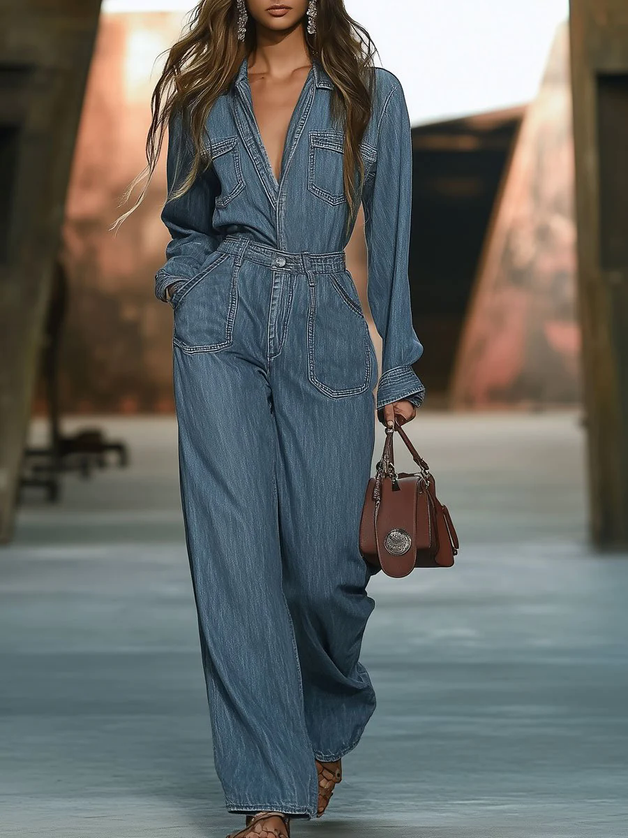 Casual Fashion Simple Retro Multi-Pocket Denim Long Sleeve Jumpsuit