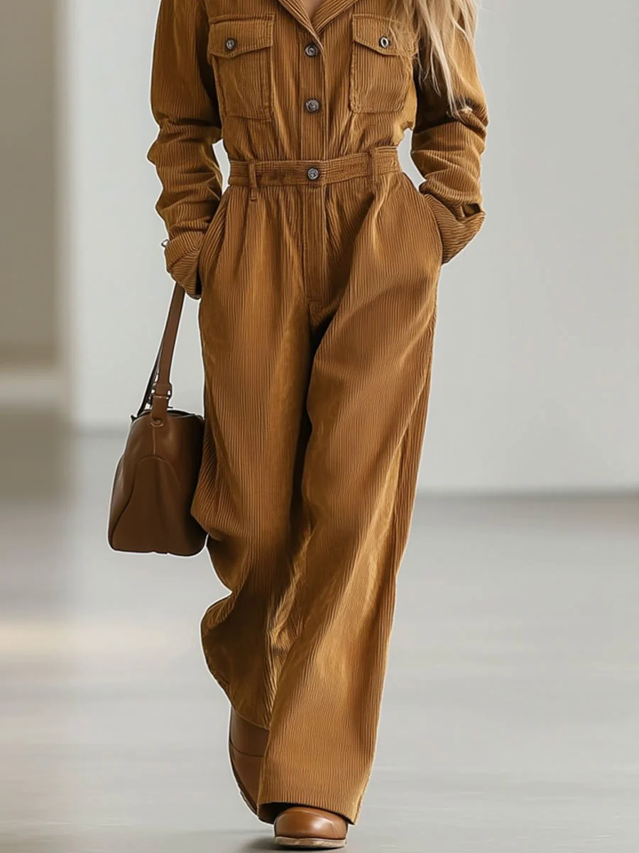 Casual Loose Retro Corduroy Multi-Pocket Long Sleeve Jumpsuit