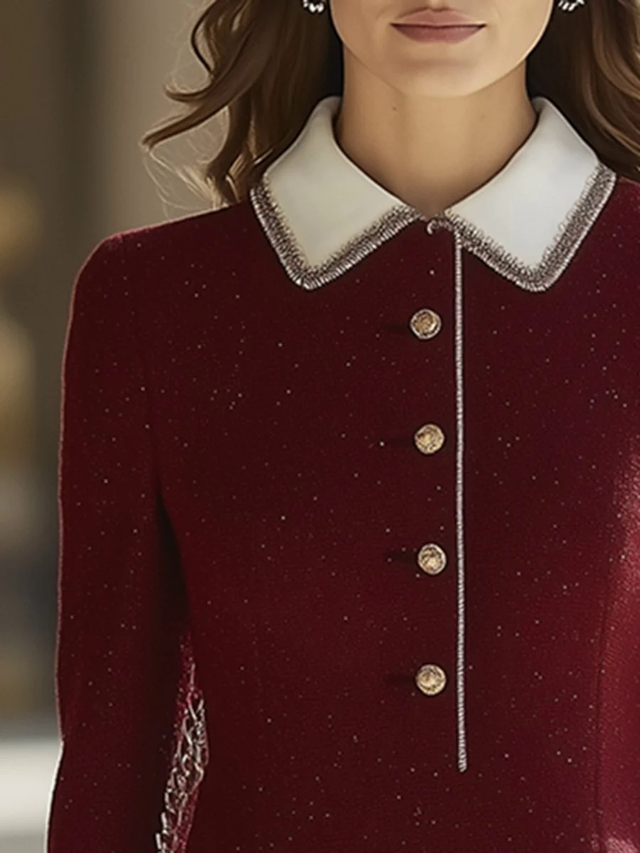High-End Retro Luxury Chanel Style Contrast Hem Lapel Dress