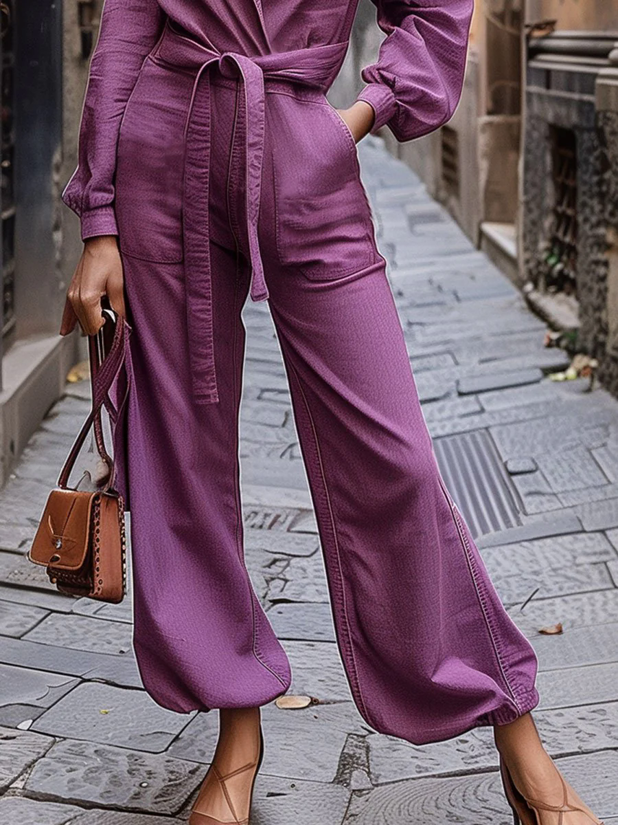 Casual Loose Belted Pocket Purple Denim Long Sleeve Jumpsuit Casual Loose Belted Pocket Purple Denim Long Sleeve Jumpsuit