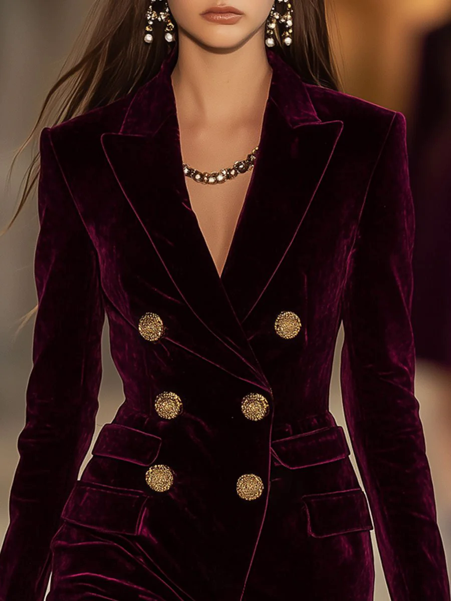 Casual Loose Vintage Ancora Red Velvet Double Breasted Pocket Blazer Mini Dress