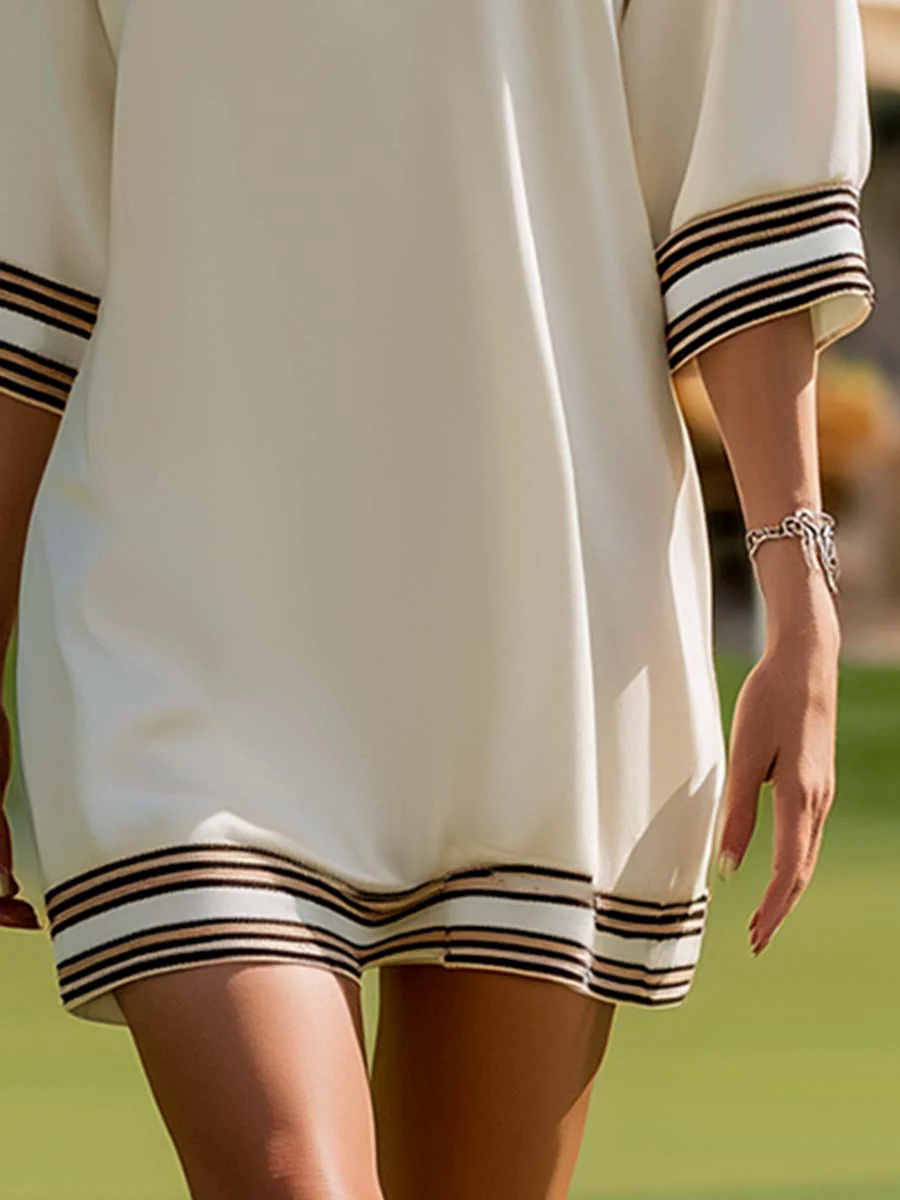 Casual Everyday Ivory Beige Stripe Trim Mid Sleeve Everyday Mini Dress Casual Everyday Ivory Beige Stripe Trim Mid Sleeve Everyday Mini Dress