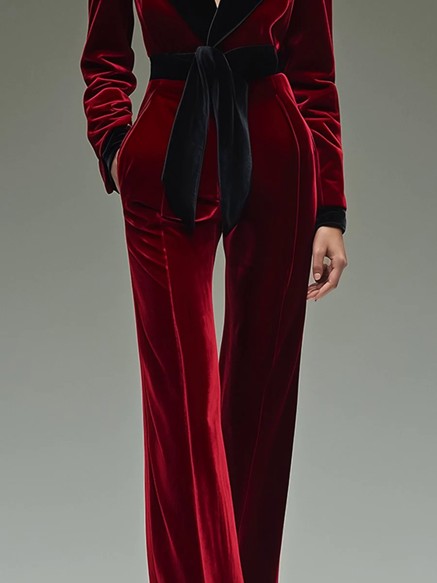 Retro Fashion Lapel Belt Different Color Velvet Stitching Jumpsuit