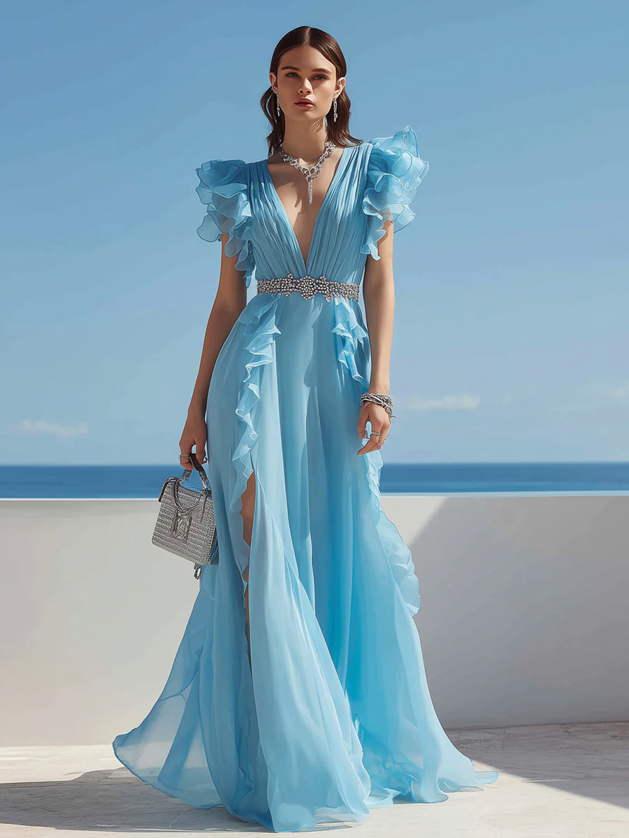 Women's Blue V-neck Ruffled Sleeves Hem Side Slit Chiffon Dress Women's Blue V-neck Ruffled Sleeves Hem Side Slit Chiffon Dress
