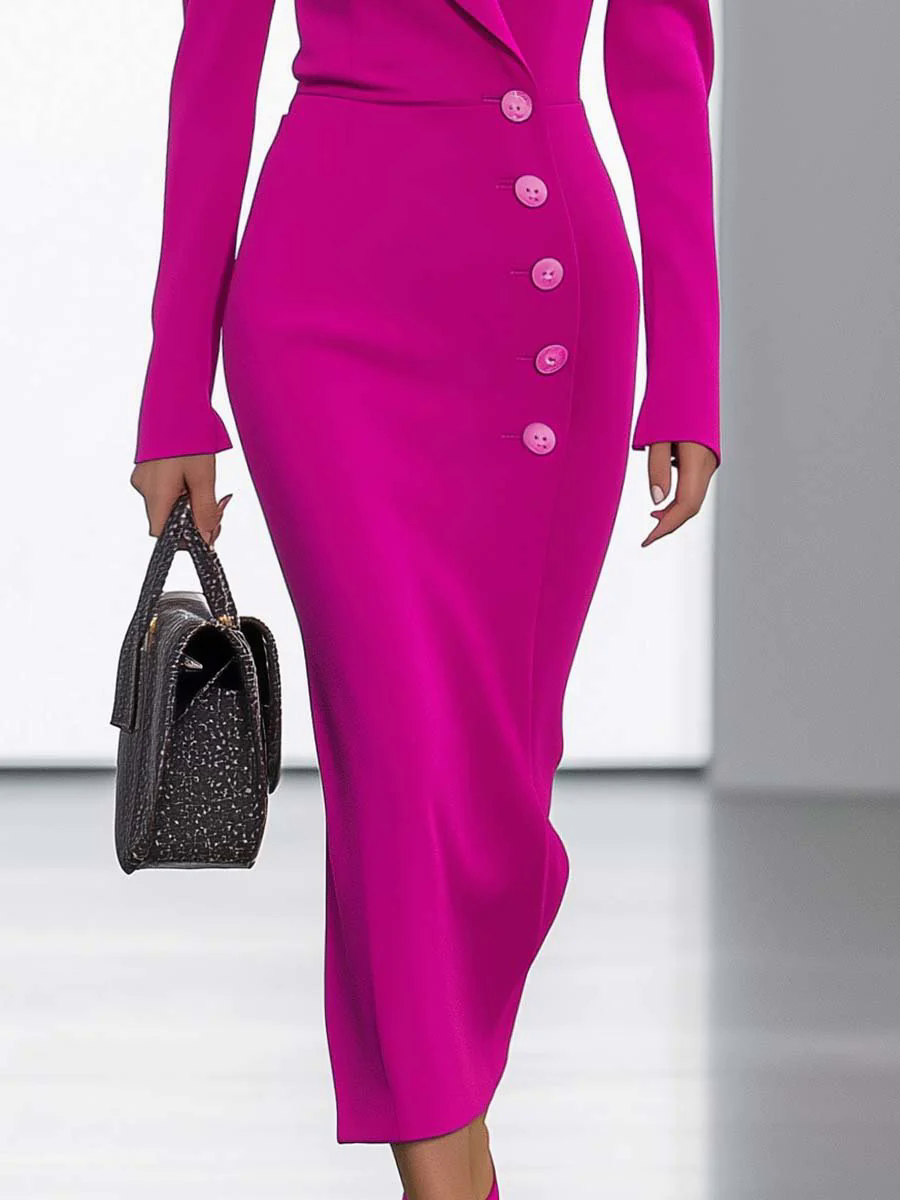 Elegant and Fashionable V-neck Puff Sleeve Bright Pink Slim Fit Midi Dress Elegant and Fashionable V-neck Puff Sleeve Bright Pink Slim Fit Midi Dress