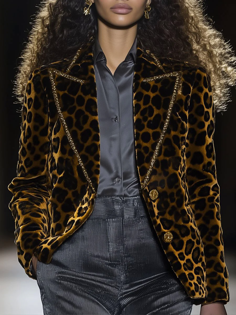 Casual Fashion Velvet Leopard Print Lapel Gold Edge Blazer