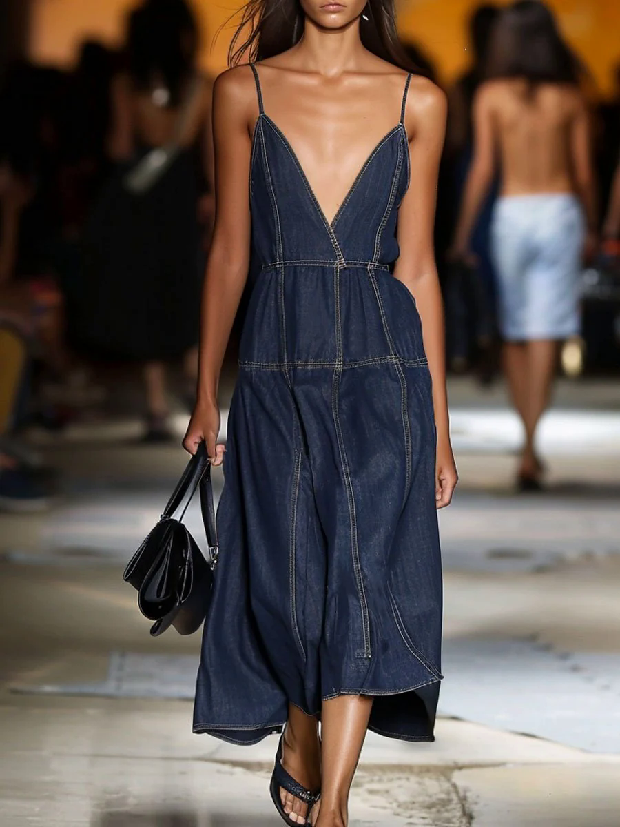 V-Neck Retro Contrast Color Horizontal Seam Sleeveless Denim Midi Dress