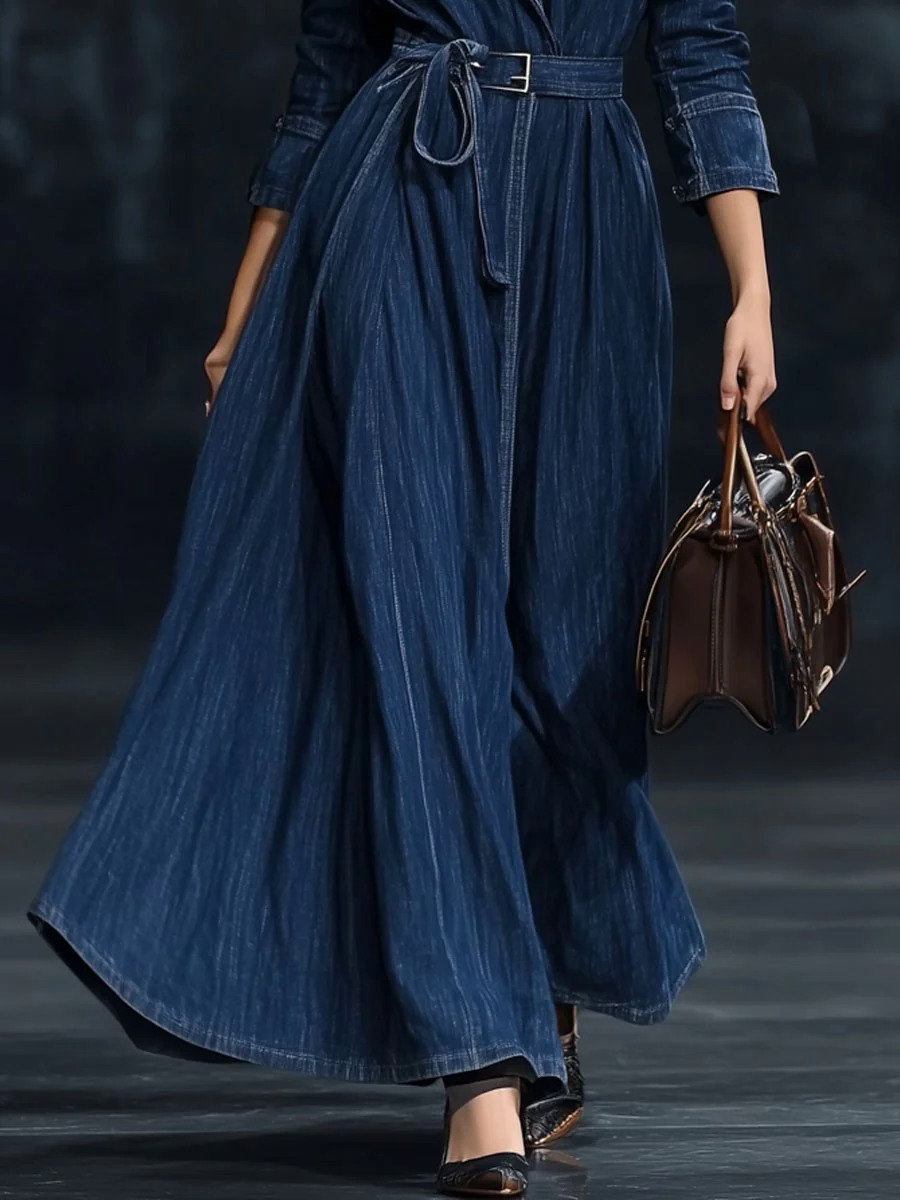 Casual Retro Belted Denim Long Sleeve Maxi Dress Style Trench Coat