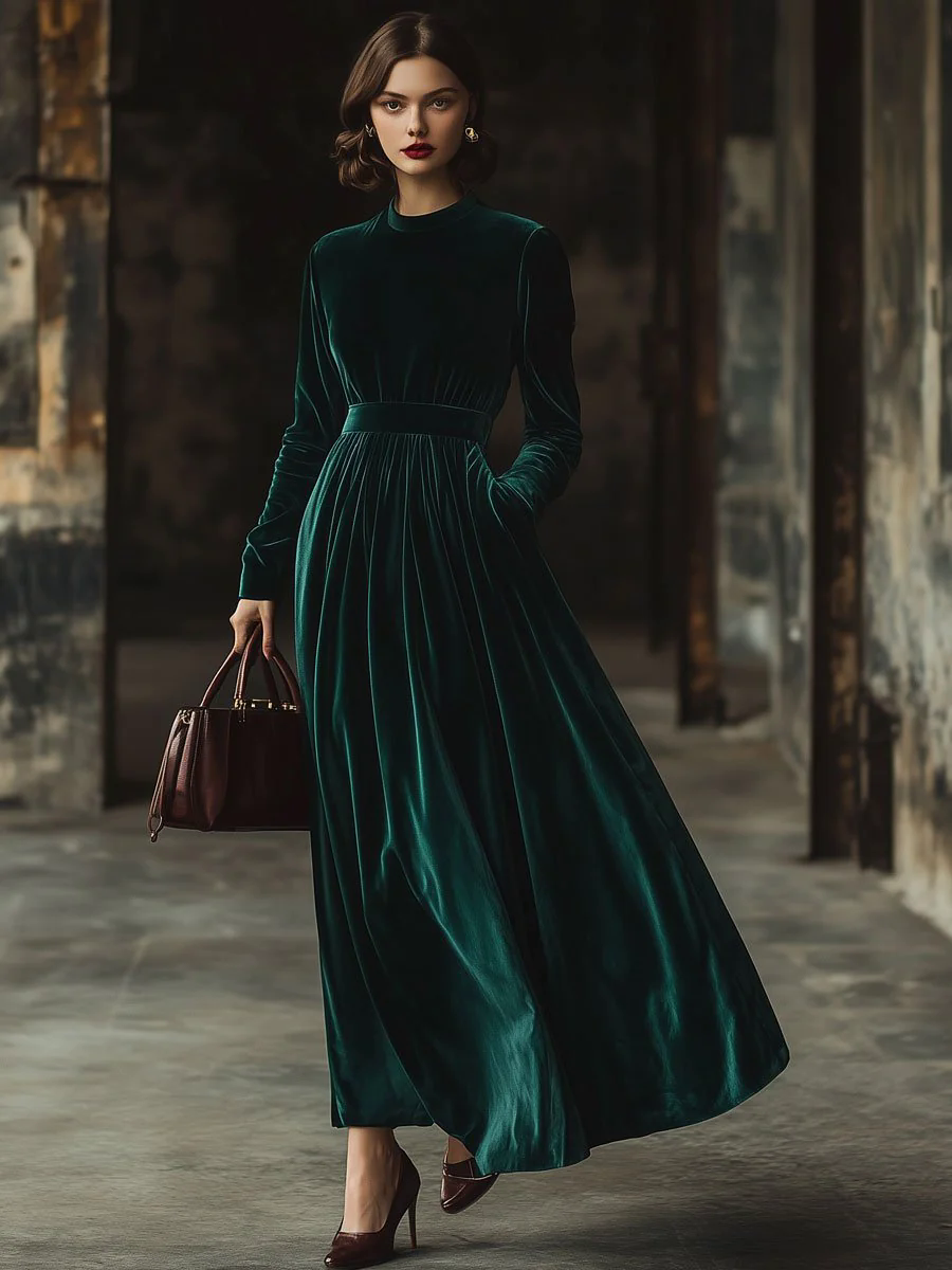 Stand Collar Loose Party Pocket Solid Velvet Long Sleeve Maxi Dress