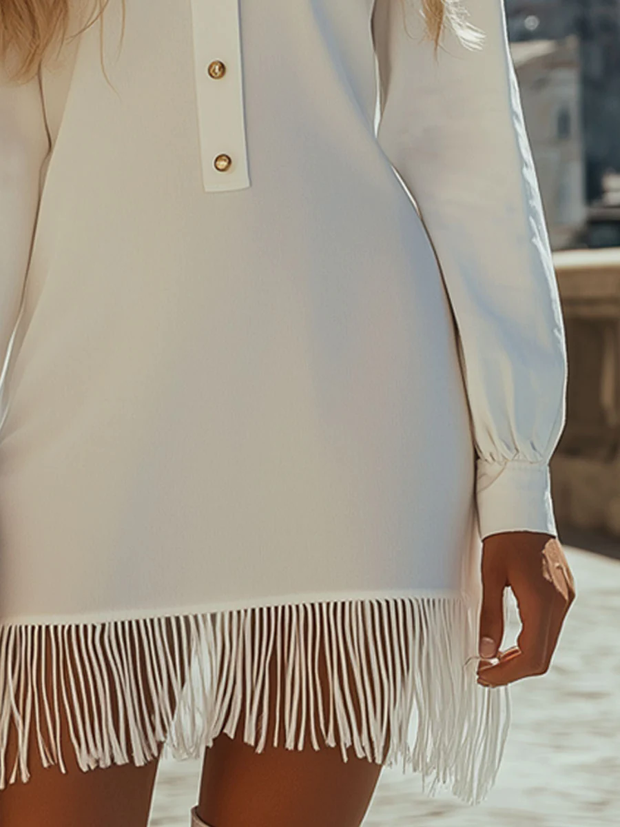Casual Retro White Chiffon Long Sleeve Shirt Tassel Mini Dress Casual Retro White Chiffon Long Sleeve Shirt Tassel Mini Dress