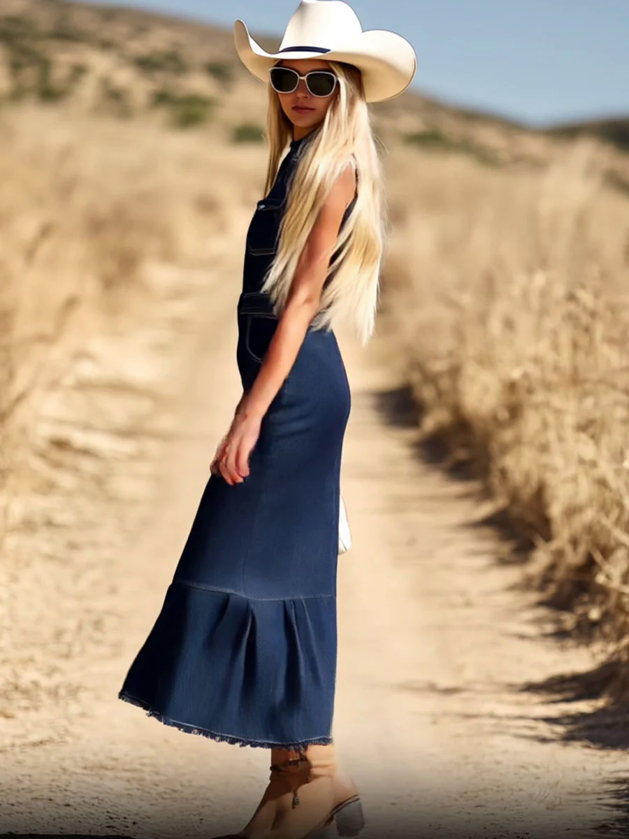 Casual Fashion Dark Blue Denim Sleeveless Shirt Fishtail Midi Dress
