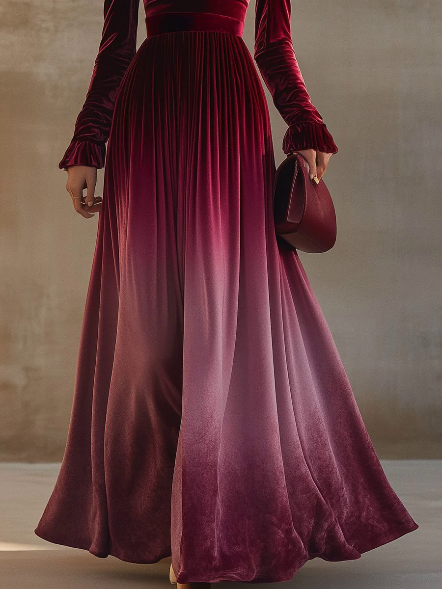 Elegant Straight Collar Trumpet Sleeves Burgundy Gradient Velvet Maxi Dress Elegant Straight Collar Trumpet Sleeves Burgundy Gradient Velvet Maxi Dress