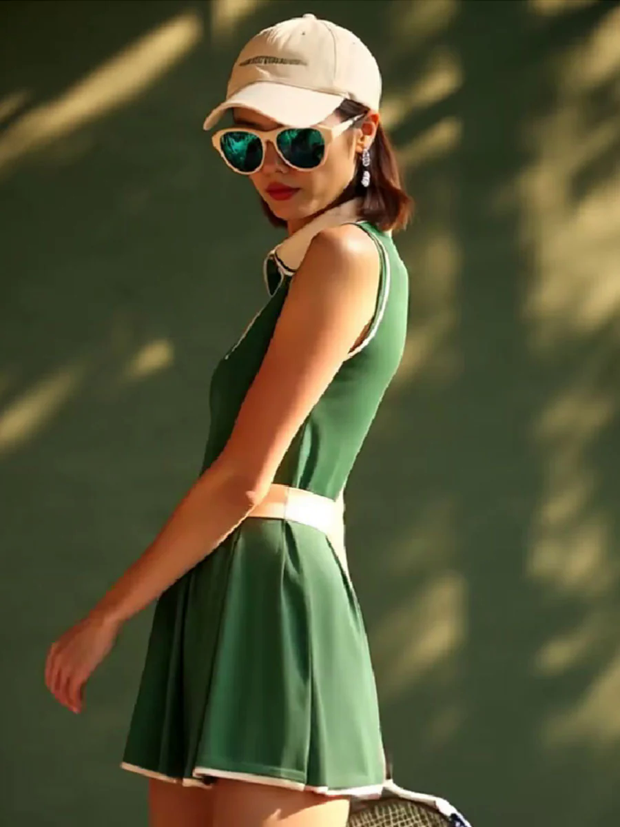 Casual Fashion Polo Neck White Trim Green Sleeveless Mini Dress Casual Fashion Polo Neck White Trim Green Sleeveless Mini Dress