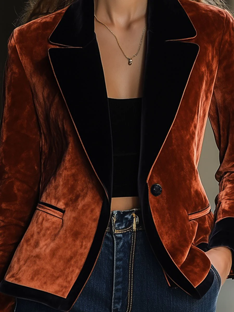Casual Loose Vintage Velvet Contrast Lapel Pocket Blazer Casual Loose Vintage Velvet Contrast Lapel Pocket Blazer