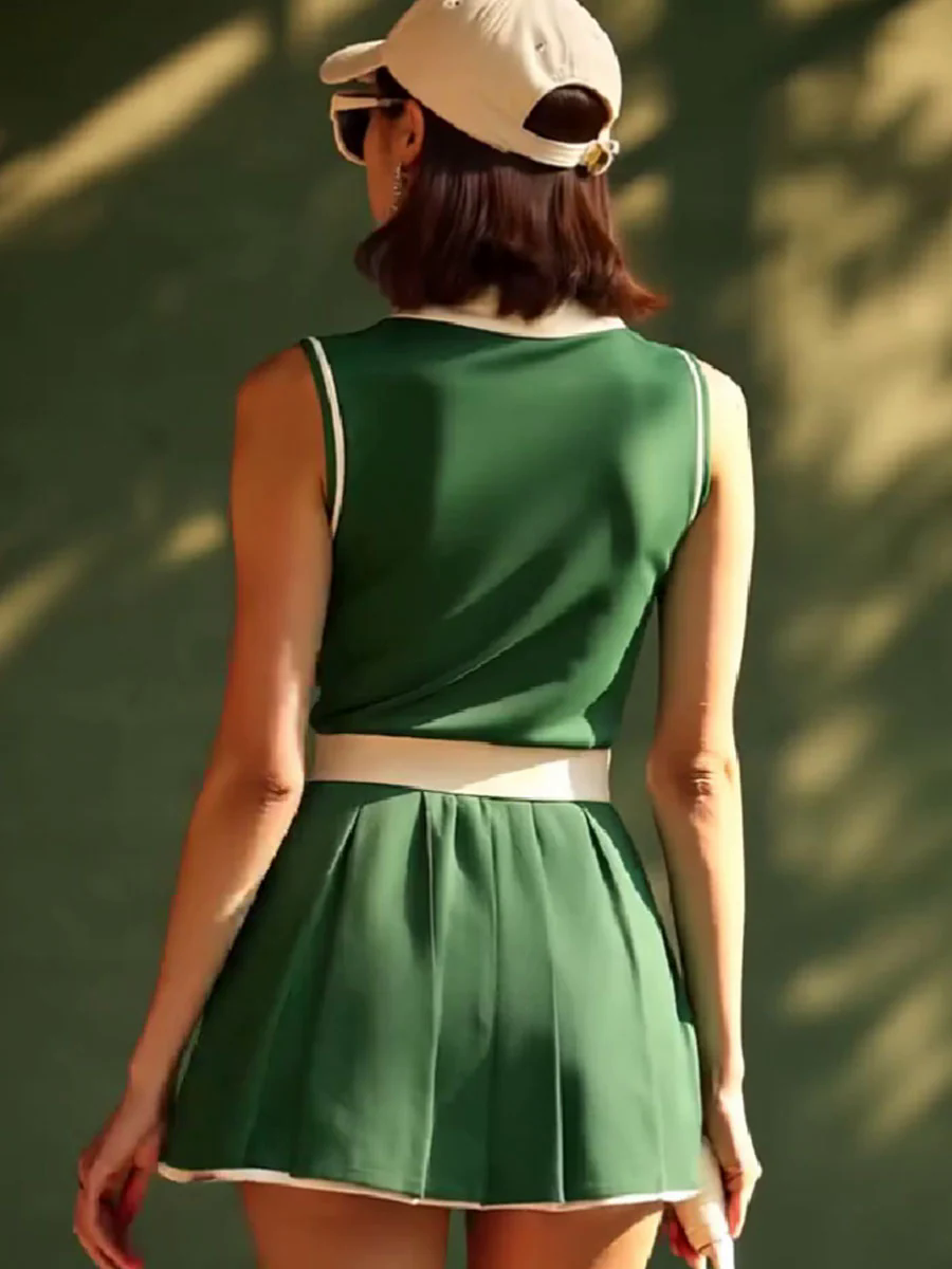 Casual Fashion Polo Neck White Trim Green Sleeveless Mini Dress Casual Fashion Polo Neck White Trim Green Sleeveless Mini Dress
