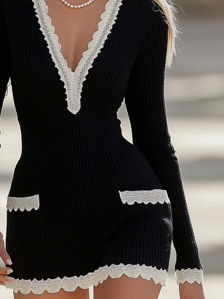 Elegant and Simple Stitching Lace Edge Black Knitted Mini Dress