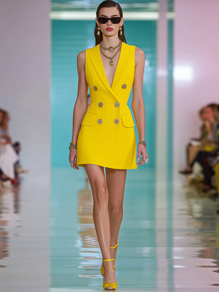 Fashionable And Elegant Yellow Lapel Sleeveless Mini Dress Fashionable And Elegant Yellow Lapel Sleeveless Mini Dress
