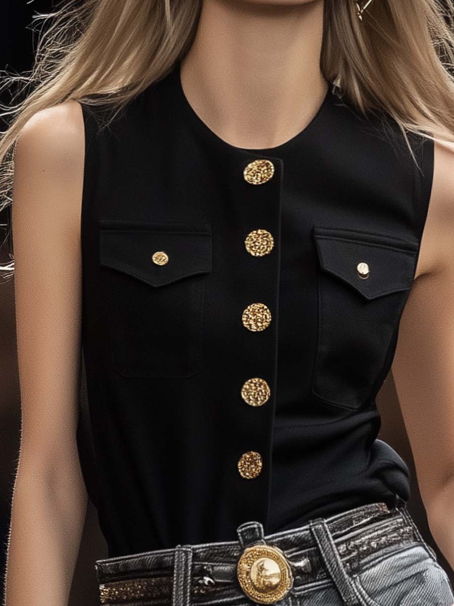 Classic Casual Round Neck Metal Front Buckle Black Satin Vest Classic Casual Round Neck Metal Front Buckle Black Satin Vest