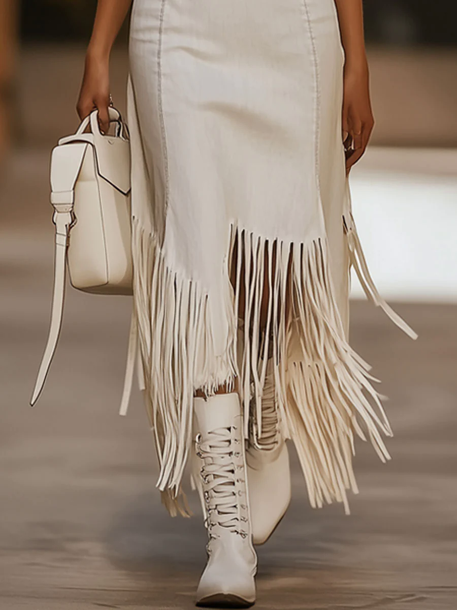 Casual Vintage Brown Embroidery White Denim Sleeveless Tassel Midi Dress Casual Vintage Brown Embroidery White Denim Sleeveless Tassel Midi Dress