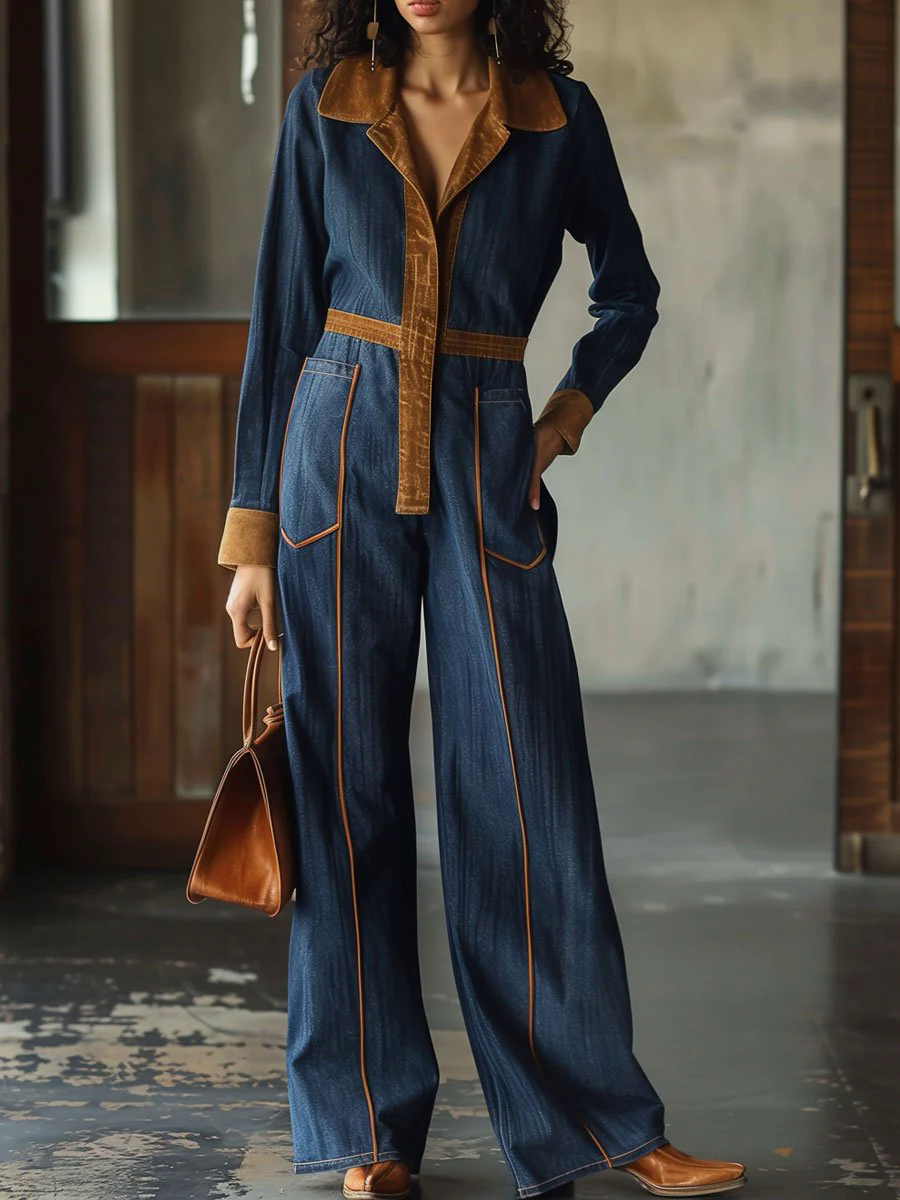 Casual Loose Retro Suede Denim Splicing Long Sleeve Jumpsuit