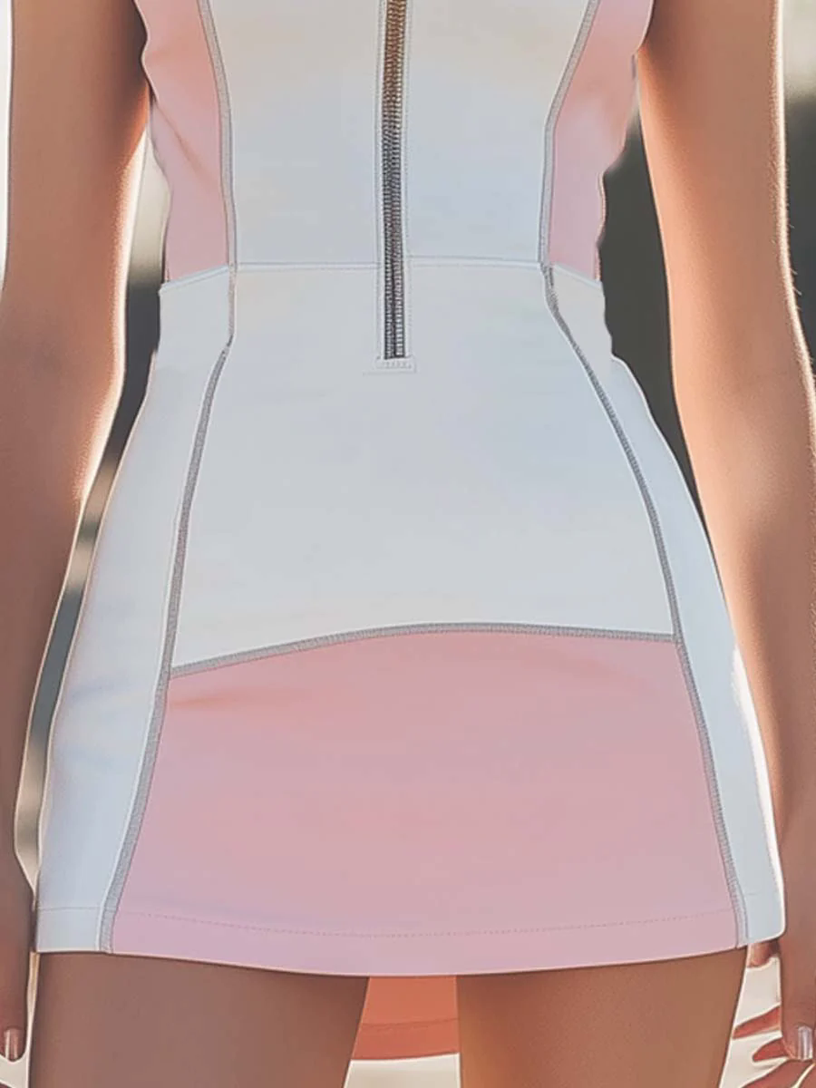 Spring  Summer Zipper Sports Air Layer Pink  White Splicing Mini Dress