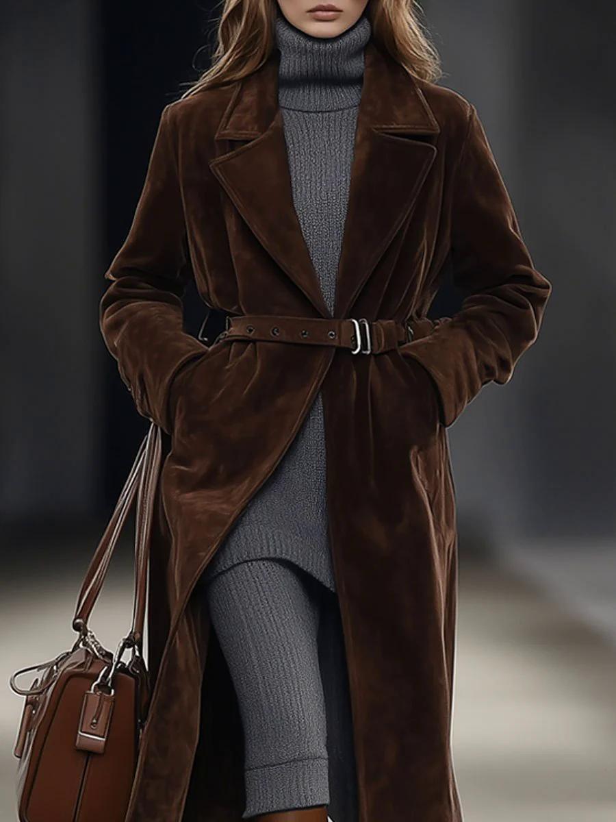 Casual Loose Retro Solid Chocolate Color Belted Suede Mid-Length Coat