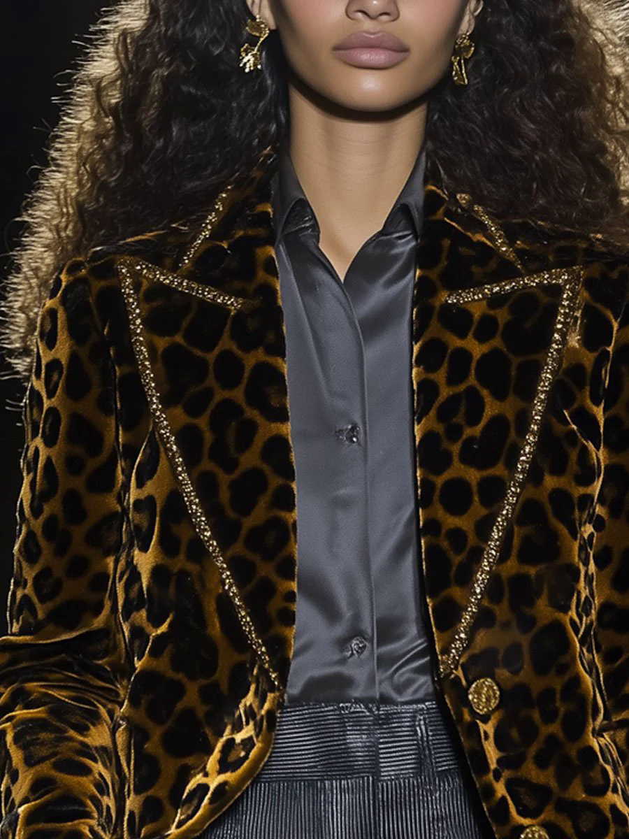 Casual Fashion Velvet Leopard Print Lapel Gold Edge Blazer