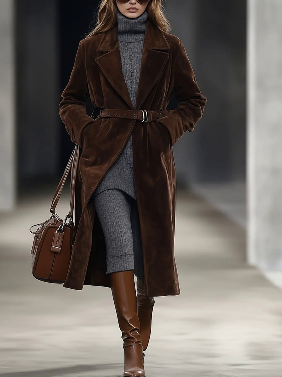 Casual Loose Retro Solid Chocolate Color Belted Suede Mid-Length Coat