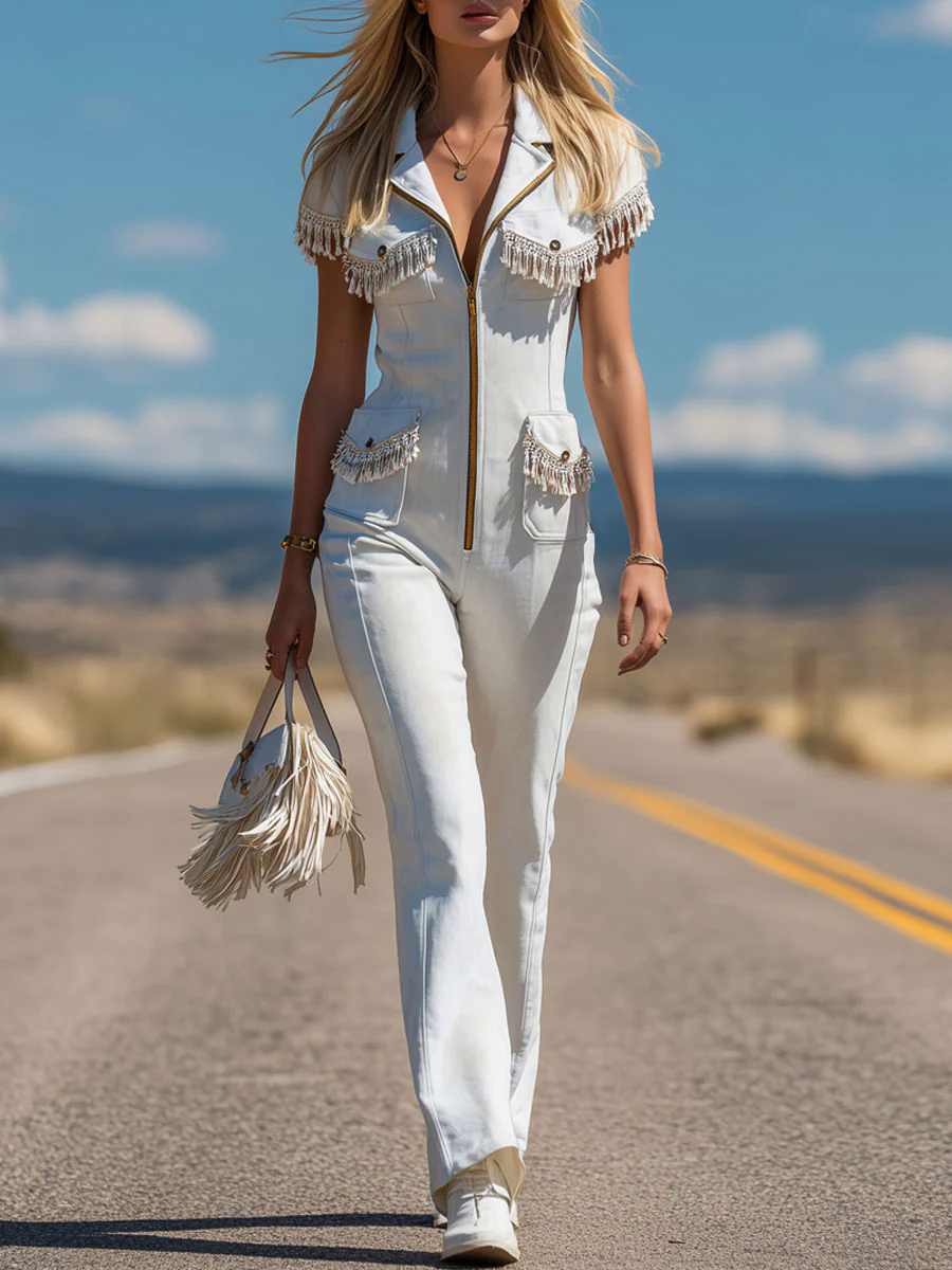 Western Retro White Suede Multi-Pocket Lace Tassel Short Sleeve Jumpsuit