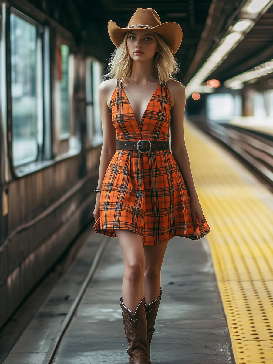 Women's Orange And Black Plaid V-neck Dress