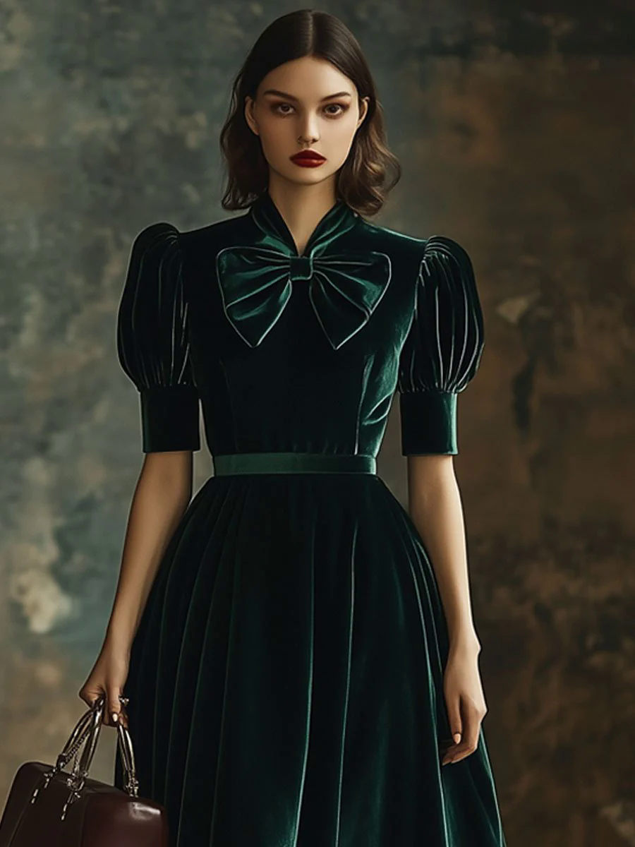 Fashion Party Bow Tie Solid Color Velvet Short Sleeve Maxi Dress Fashion Party Bow Tie Solid Color Velvet Short Sleeve Maxi Dress