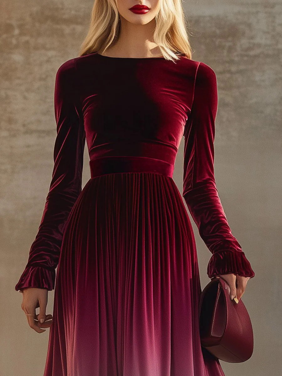 Elegant Straight Collar Trumpet Sleeves Burgundy Gradient Velvet Maxi Dress Elegant Straight Collar Trumpet Sleeves Burgundy Gradient Velvet Maxi Dress