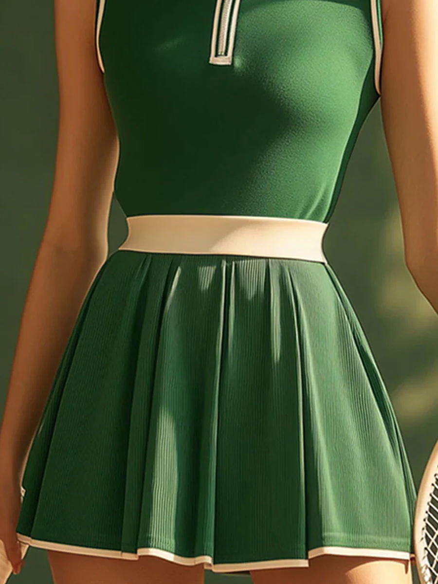 Casual Fashion Polo Neck White Trim Green Sleeveless Mini Dress Casual Fashion Polo Neck White Trim Green Sleeveless Mini Dress