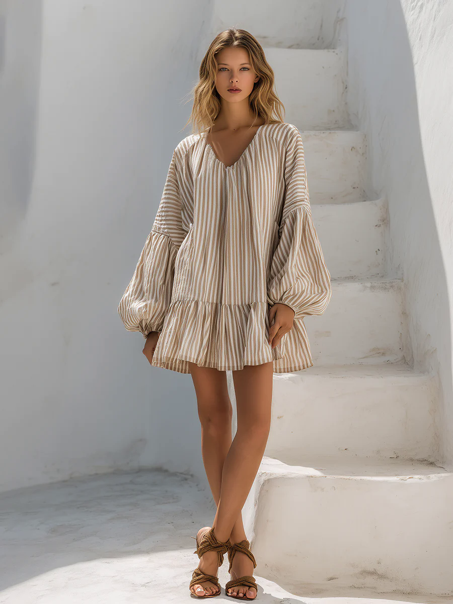 Casual Loose Vacation V-Neck Lantern Sleeve Vertical Striped Mini Dress Casual Loose Vacation V-Neck Lantern Sleeve Vertical Striped Mini Dress