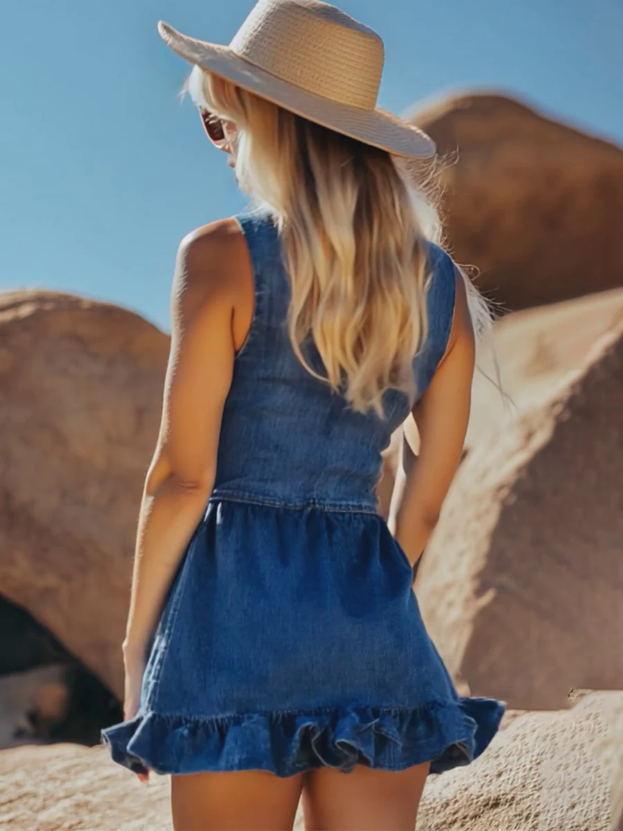 Fashionable Denim Ruffle Sleeveless Button Mini Dress