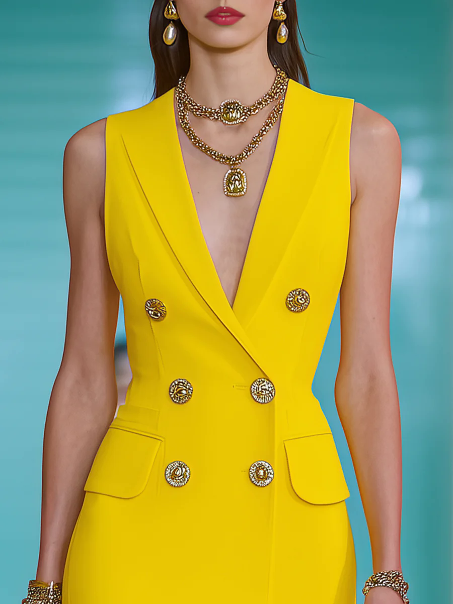 Fashionable And Elegant Yellow Lapel Sleeveless Mini Dress Fashionable And Elegant Yellow Lapel Sleeveless Mini Dress