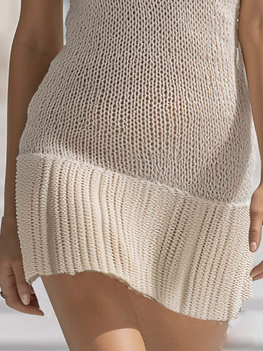 Fashionable And Elegant Shirt Collar White Mesh Knitted Summer Mini Dress Fashionable And Elegant Shirt Collar White Mesh Knitted Summer Mini Dress