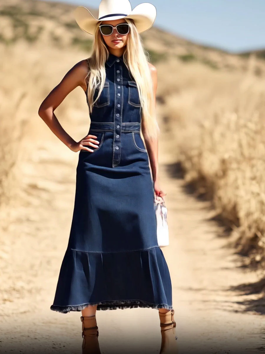 Casual Fashion Dark Blue Denim Sleeveless Shirt Fishtail Midi Dress