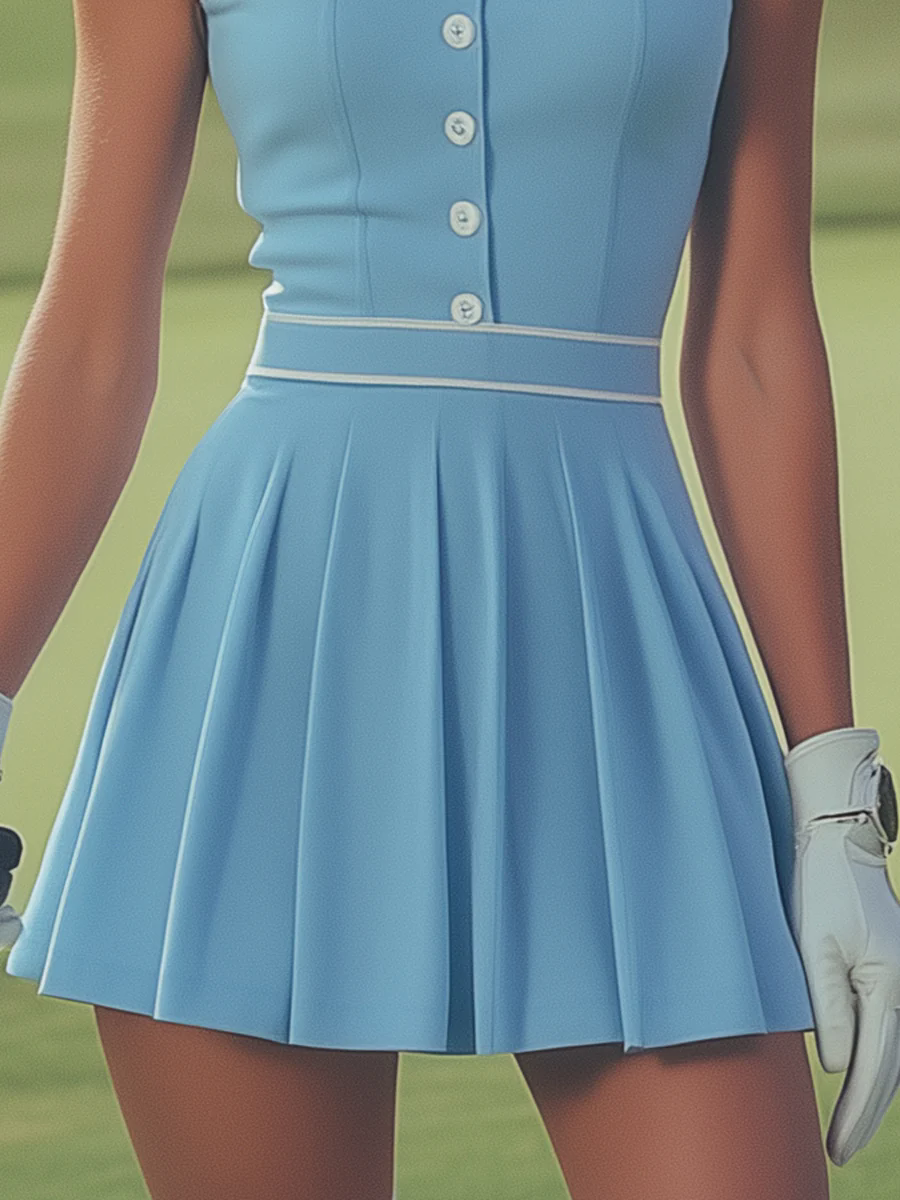 Elegant Sports White Button Detail Baby Blue Sleeveless Mini Dress