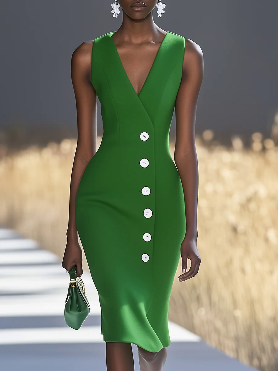 Fashionable And Elegant White Button V-neck Green Sleeveless Midi Dress